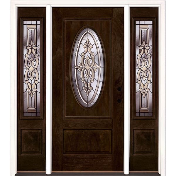 Feather River Doors 59.5 in.x81.625in.Silverdale Zinc 3/4 Oval Lt Stained Chestnut Mahogany Lt-Hd Fiberglass Prehung Front Door w/Sidelites