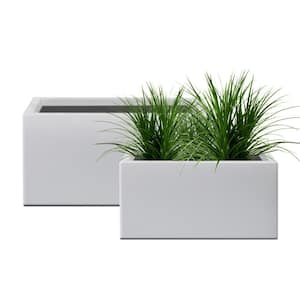 32 in. and 24 in. L Light-Weight Pure White Concrete Rectangular Metal Planter Pots, with Drainage Hole (Set of 2)