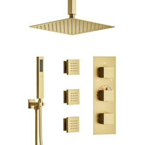 5-Spray 12 in. Ceiling Mount Fixed and Handheld Shower Head Head 2.5 GPM with 3-Jets in Brushed Gold(Valve Included)