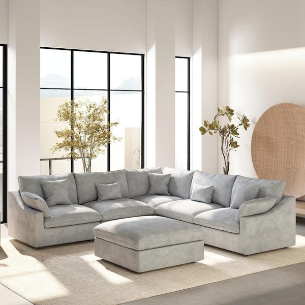 Modular Large 238 in. Flared Arm 6-Piece L-shaped Linen Cloud Couch Sectional Sofa in. Gray with Ottoman