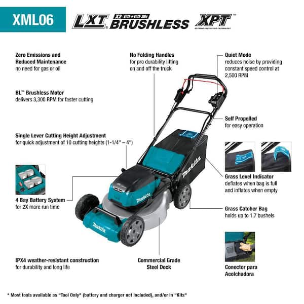 Makita in. 18-Volt X2 (36-Volt) LXT Lithium-Ion Cordless Walk Behind Self Propelled Lawn Mower Kit with 4 Batteries (5.0 Ah) XML06PT1 - The Home Depot
