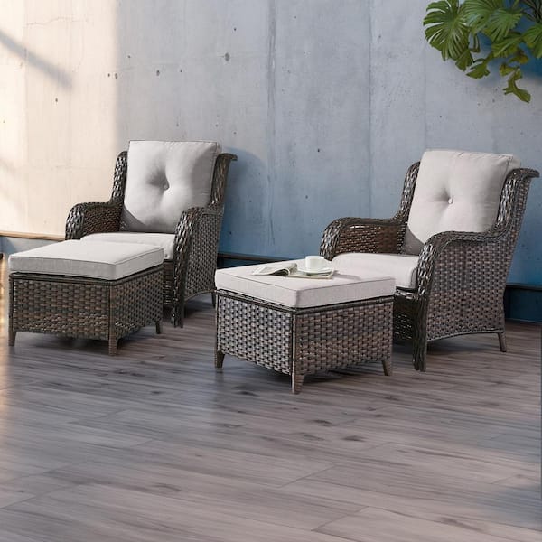 moosprr 4-Piece Patio Brown Wicker Outdoor Chat Sets with Beige Olefin Cushions and Matching Ottomans