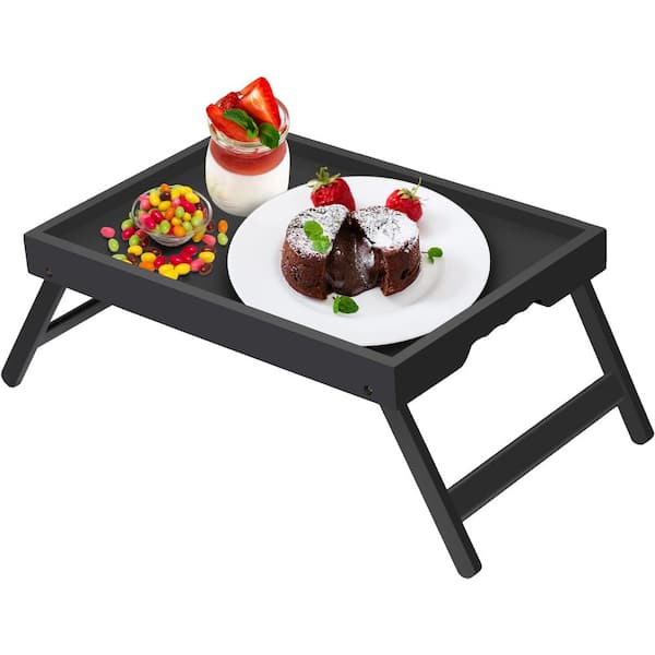Bamboo Bed Tray Table with Folding Legs for Eating, Black