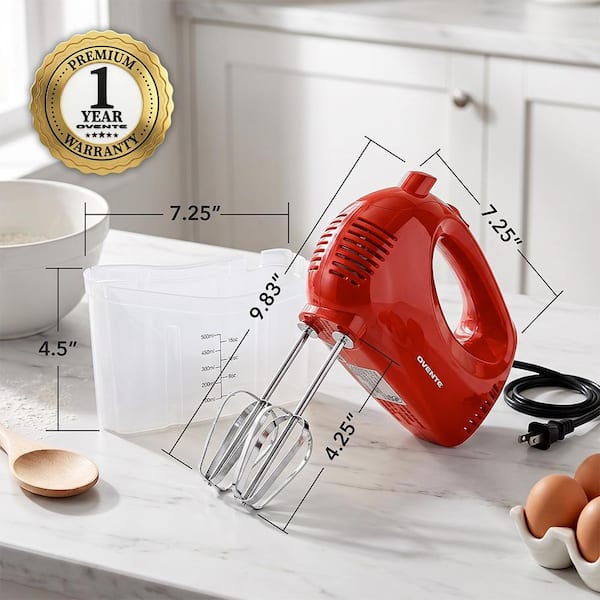 OVENTE 5-Speed Ultra Power Hand Mixer with Free Storage Case, Red