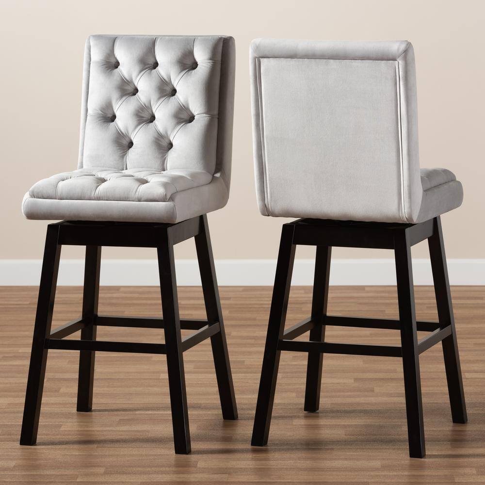 Gregory Light Grey Velvet and Dark Brown Wood Swivel Bar Stool Set