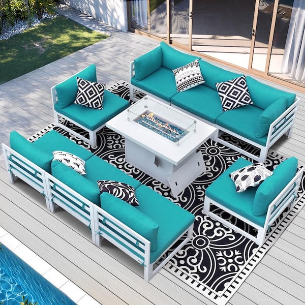Unbranded Extra Large White 9-Piece Aluminum Patio Fire Pit Conversation Set Deep Seating Sectional Sofa with Teal Cushions