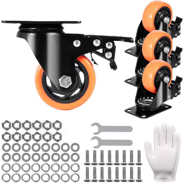 Casters, Hand Truck Swivel Plate Casters,  w/ Safety A/B Locking Feature, Noiseless PVC Wheels, 1000 lbs. Capacity