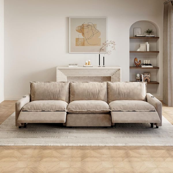 Power Recliner Couch,116 in. Square Arm 3-Piece Linen Modular Motion Sectional Sofa with Heating, USB Ports in Khaki