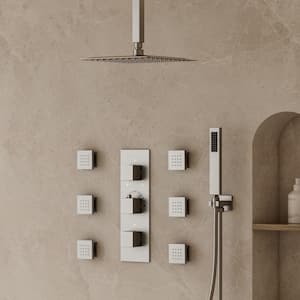 5-Spray Patterns Shower Faucet Set 12 in. Ceiling Mount Dual Shower Heads with 6-Jets in Brushed Nickel (Valve Included