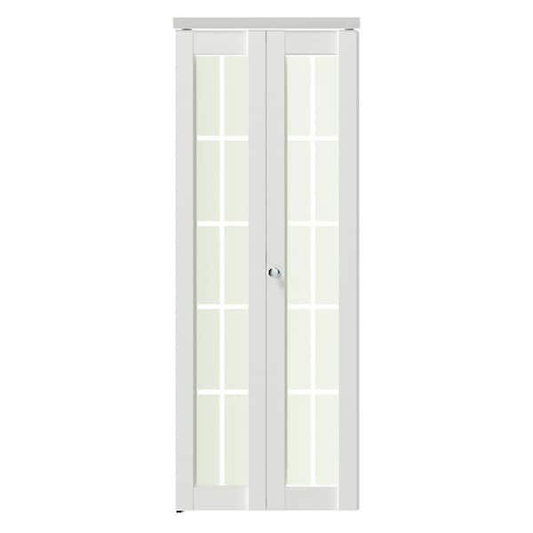 30 in x 80 in, Frosted Glass, Solid Core, White, 10-Lite, MDF Wood, PVC Covering Bi-fold Doors with Hardware Kits