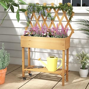 Natural Wood Raised Outdoor Garden Bed with Trellis Storage Shelf Wheels Liner Drainage Holes