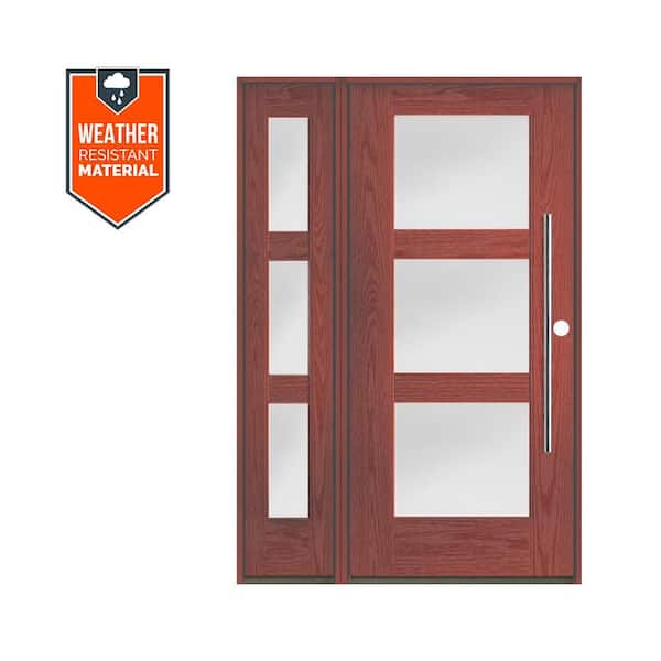 Krosswood Doors Modern Faux Pivot 50 in. W. x 79 in. 3-Lite Left Inswing Satin Glass Redwood Stain Fiberglass Prehung Front Door LSL