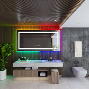 55 in. W x 28 in. H Large Rectangular Frameless Antifog 11 Color RGB Back Front Light Memory Wall Bathroom Vanity Mirror