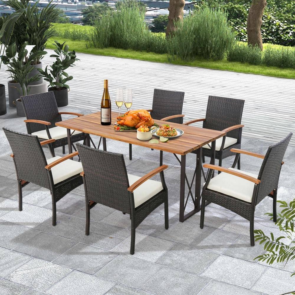 Set of 4 Brown Wicker Dining Chairs with Off-White Cushions