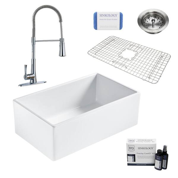SINKOLOGY Bradstreet II All-in-One Farmhouse Fireclay 30 in. Single Bowl Kitchen Sink with Pfister Zuri Faucet and Drain
