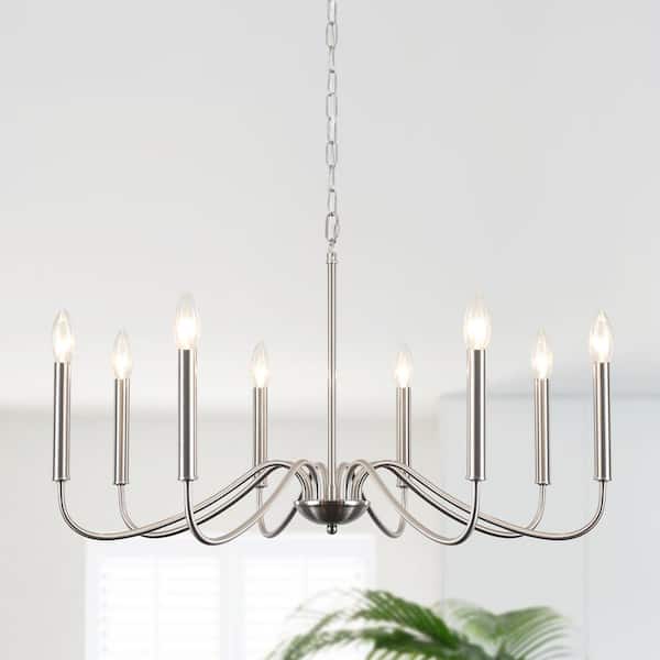 8-Light Nickel/Sliver Candle Design Hanging Linear Chandelier Lighting Ceiling Light for Kitchen Island