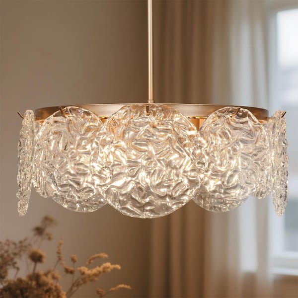 Wavelet 5-Light Dark Gold Round Chandelier Lighting, Mid-Century Modern Pendant Light with Water Ripple Glass Shade