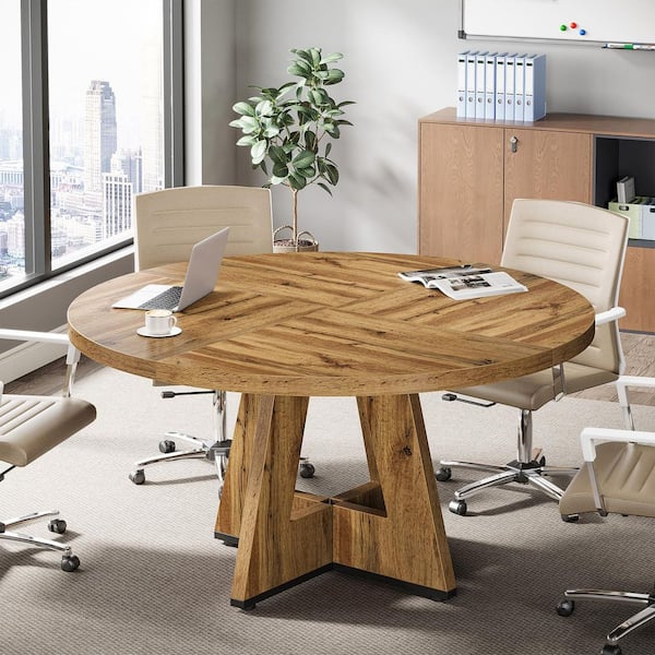 BYBLIGHT Moronia 47.25 in. Oak Round Conference Table for 4-People, Wood Seminar Desk with Sturdy Base for Meeting Room