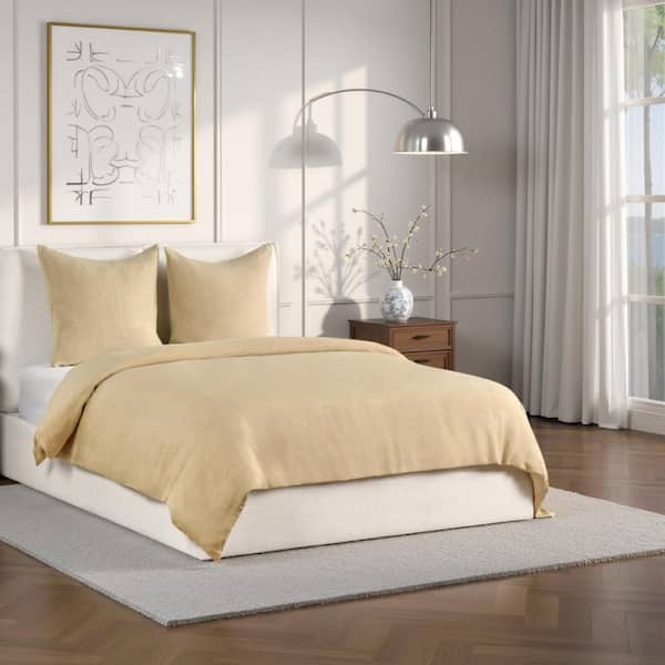 Paula 3-Piece Soft Ochre Amber Stone Washed Hemp Cotton Blend Queen Size Duvet Cover Set