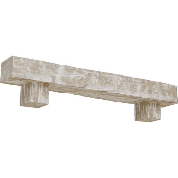Ekena Millwork 6 in. x 8 in. x 5 ft. Riverwood Faux Wood Fireplace Mantel Kit, Alamo Corbels, White Washed
