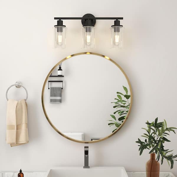 24 in. 3-Light Black Bathroom Mirror Interior Vanity Light with Clear Globe Shade and Hardware Set (Black-2 Pack)
