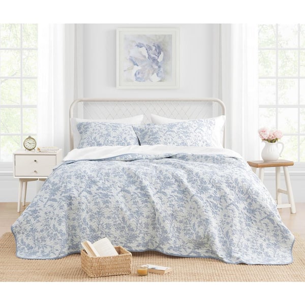 Laura Ashley Amberley 2-Piece Soft Blue Floral Cotton Twin Quilt Set
