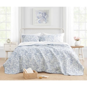 Amberley 3-Piece Soft Blue Floral Cotton King Quilt Set