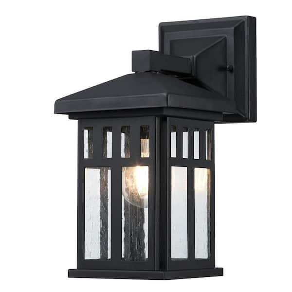 Burnham 1-Light Textured Black Outdoor Wall Mount Lantern with Clear Seeded Glass