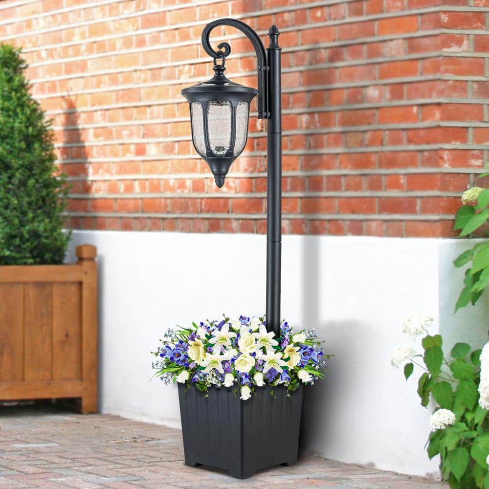 Black Solar Lamp Post with Planter and Crackle Glass Shade