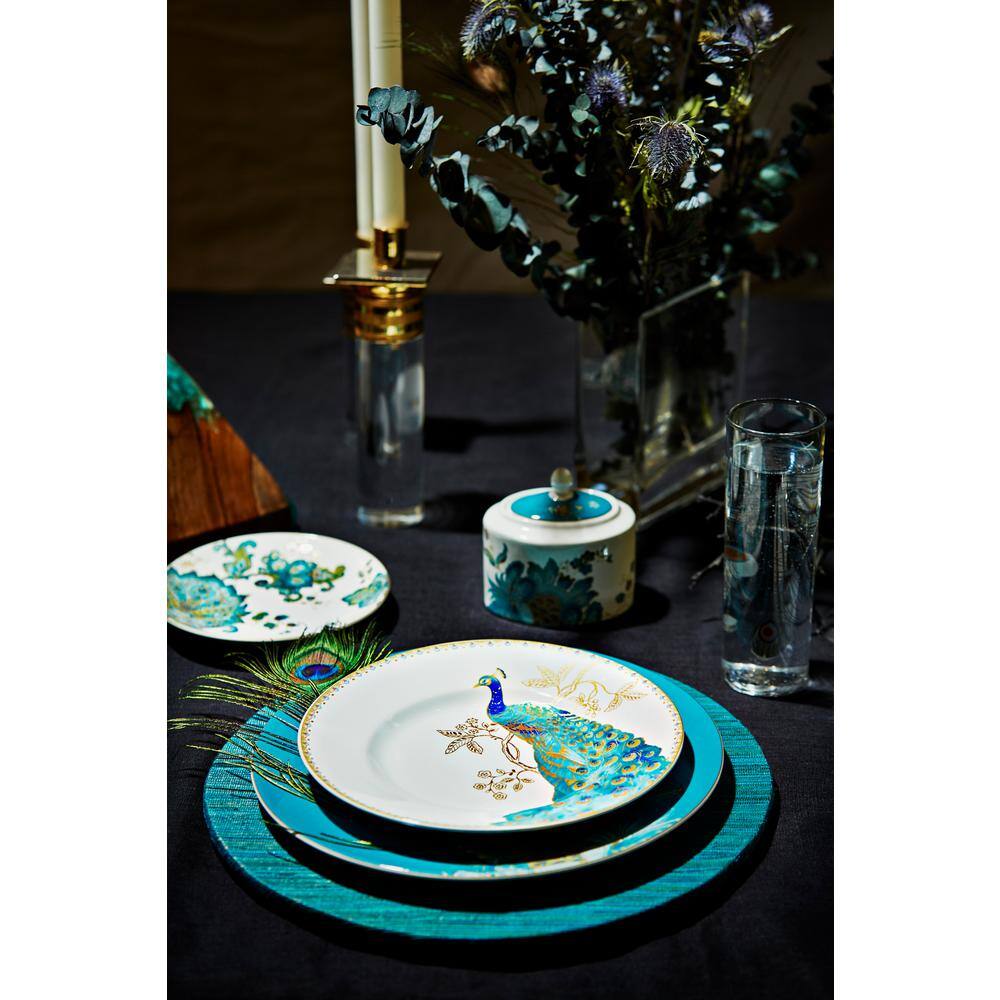 Peacock Garden White Porcelain 16-Piece Dinnerware Set with Gold Accents