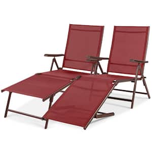 2-Piece Steel Outdoor Chaise Lounge Chair Adjustable Folding Pool Lounger - Red
