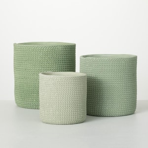 9 in., 7.75 in. and 6.25 in. Green Woven-Textured Concrete Pots (Set of 3)