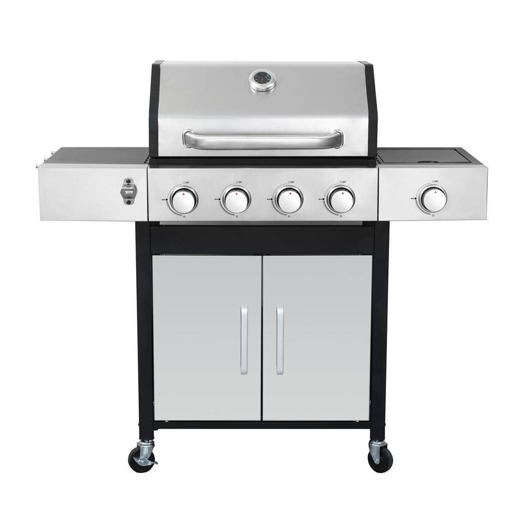 4-Burner Stainless Steel Barbecue Grill Propane Grill in Silver with Enameled Cast Iron Cooking Grids
