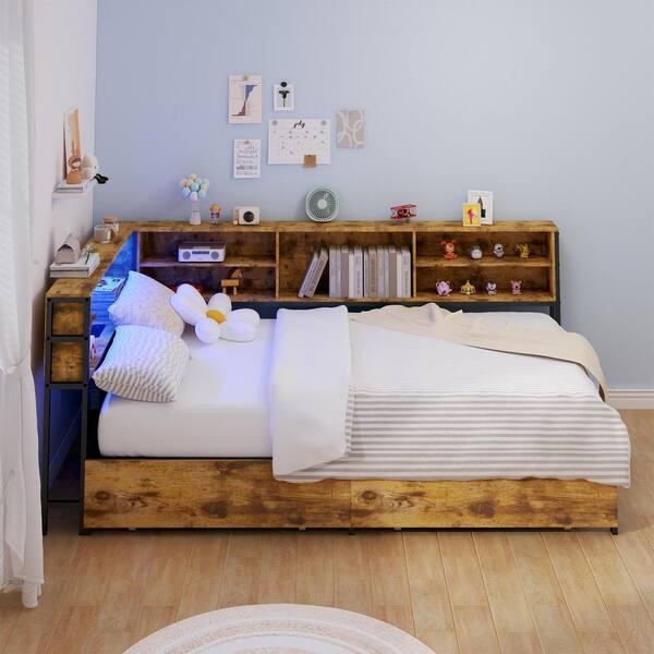 Seafuloy Brown Twin Corner Daybed with Drawer, Bed Frame with