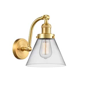 Cone 8 in. 1-Light Satin Gold Wall Sconce with Clear Glass Shade