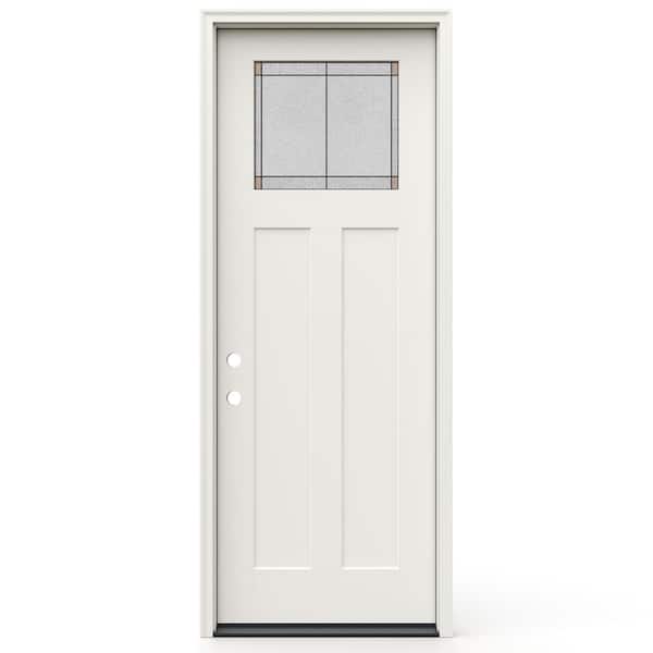 36 in. x 96 in. Right-Hand Craftsman Frameless Ballantyne Decorative Glass Primed Fiberglass Prehung Door w/ Brickmould