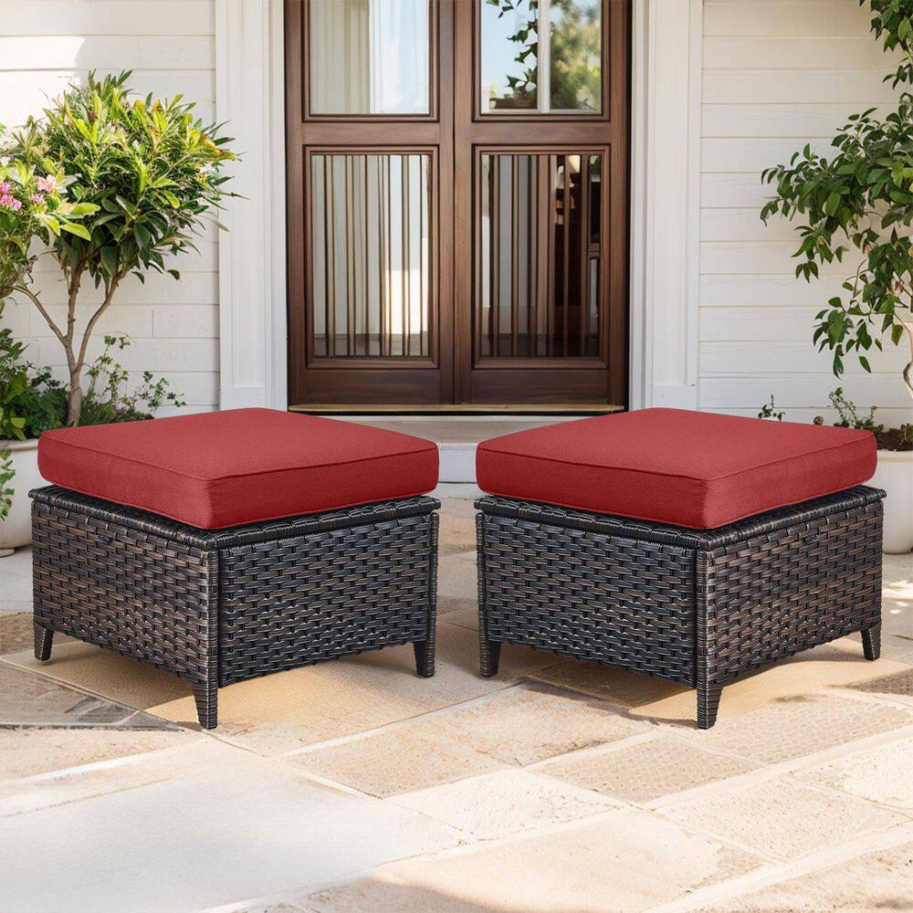 WellCane 2-Piece Brown Wicker Outdoor Ottoman Patio Footstool Multipurpose Outdoor Furniture Bench with Red Cushion price history on PriceWatchPro