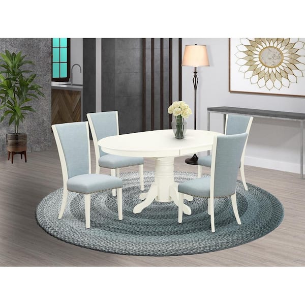 East West Furniture 5-Piece Oval Linen White Finish Solid Wood Top Dining Table with 4 Parson Chair with Butterfly Leaf Lattice Back