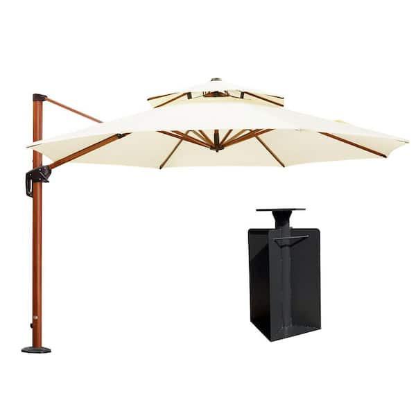 PURPLE LEAF 11 ft. Octagon High-Quality Wood Pattern Aluminum Cantilever Polyester Patio Umbrella with Base in Ground, Cream
