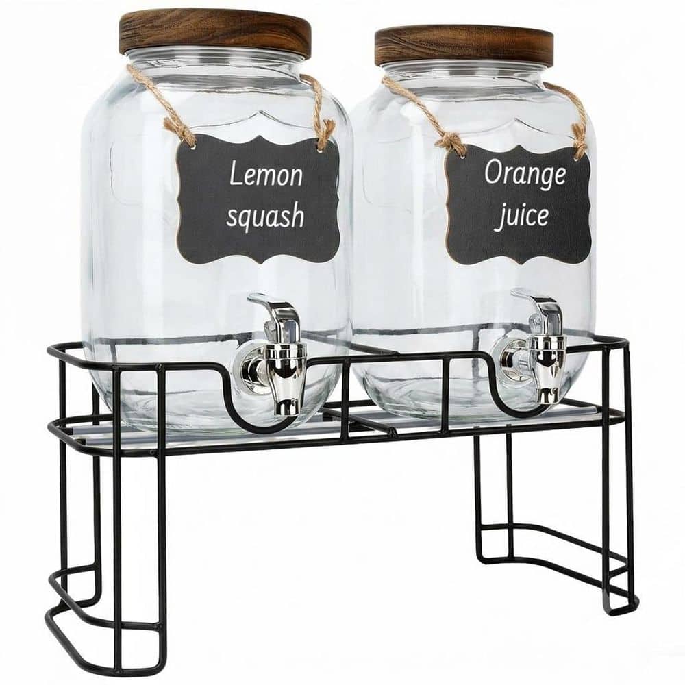 2-Pack 1 Gallon Glass Beverage Dispenser with Metal Stand Wood Lid Spigot Hangtags Lemonade Drink Stand,2 price history on PriceWatchPro