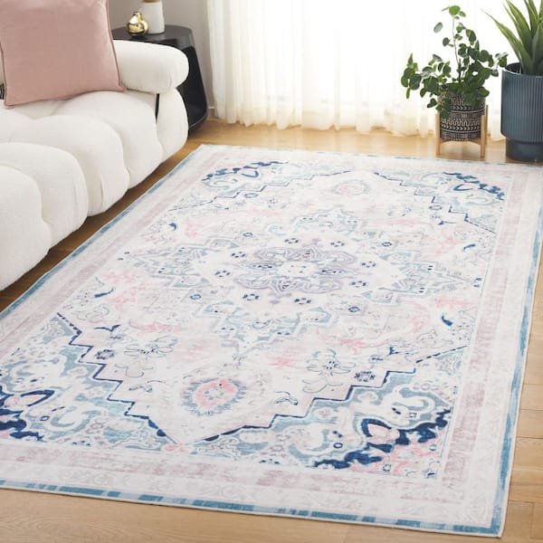 Arizona 5 ft. x 8 ft. Ivory/Aqua Machine Washable Distressed Border Medallion Area Rug