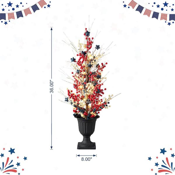 Glitzhome 36 in. H Patriotic / Americana Lighted Berry and Stars Urn Porch Tree, 20 Warm White Lights with Timer 2042000001