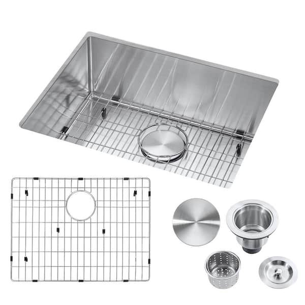 Akicon 18-Gauge Stainless Steel 23 in. Single Bowl Undermount Kitchen Sink with Strainer and Bottom Grid