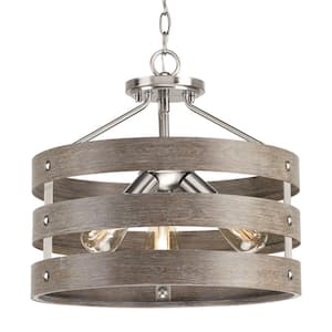 Gulliver 17 in. 3-Light Brushed Nickel Convertible Hallway Semi-Flush Mount with Weathered Gray Wood Accents