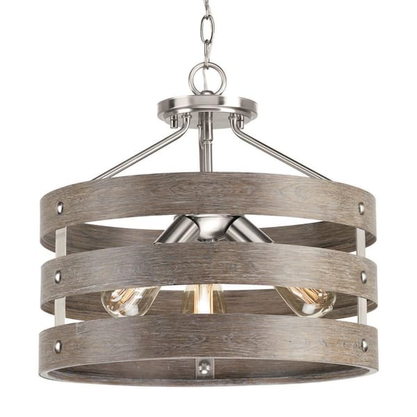Progress Lighting Gulliver 17 in. 3-Light Coastal Brushed Nickel Weathered Gray Wood Accents Semi-Flush Mount Light Fixture with Bulbs