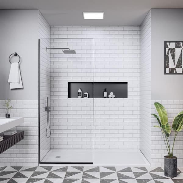 36 in. W x 74 in. H Semi-Frameless Fixed Glass Shower Door in Matte Black with Nano-Coated Clear Tempered Glass