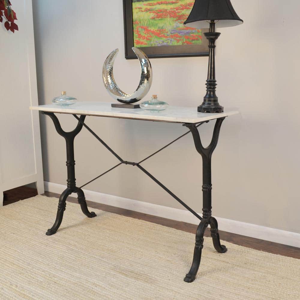 Vera Traditional Black Metal Console Table with White Marble Top