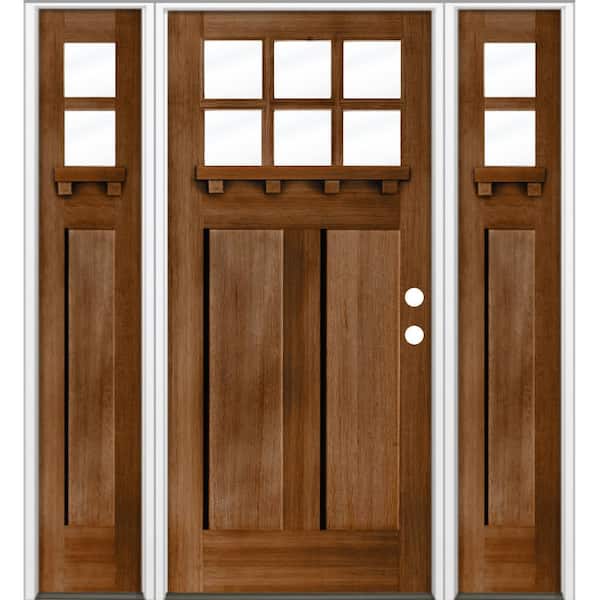 Krosswood Doors 64 in. x 80 in. Craftsman 6-Lite Clear GLass Left Hand Provincial Stain Hemlock Wood Prehung Front Door w/ DSL and DS