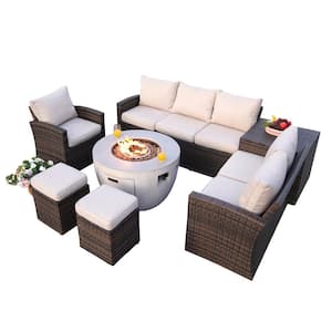Vivian II 7-Pieces Rock and Fiberglass Fire Pit Table Conversation Set with Sectional Sofa Set with Beige Cushions