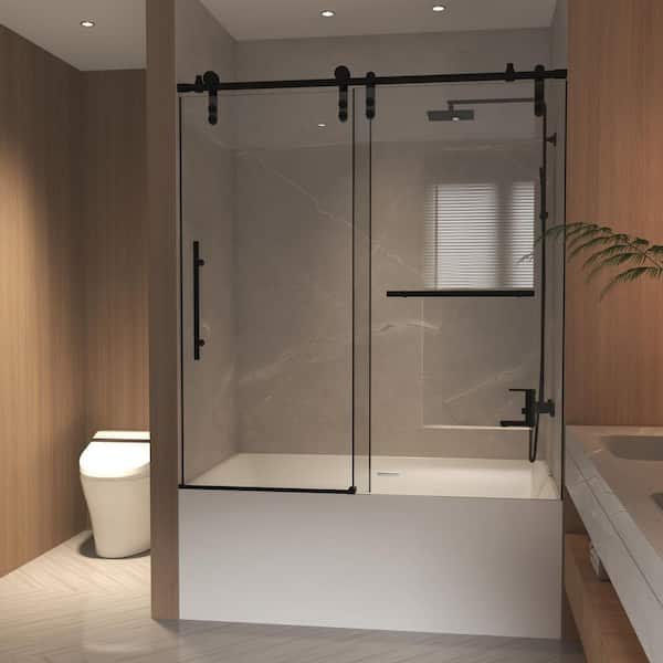 60 in. W x 66 in. H Semi Frameless Sliding Bathtub Shower Door in Matte Black with Tempered Glass